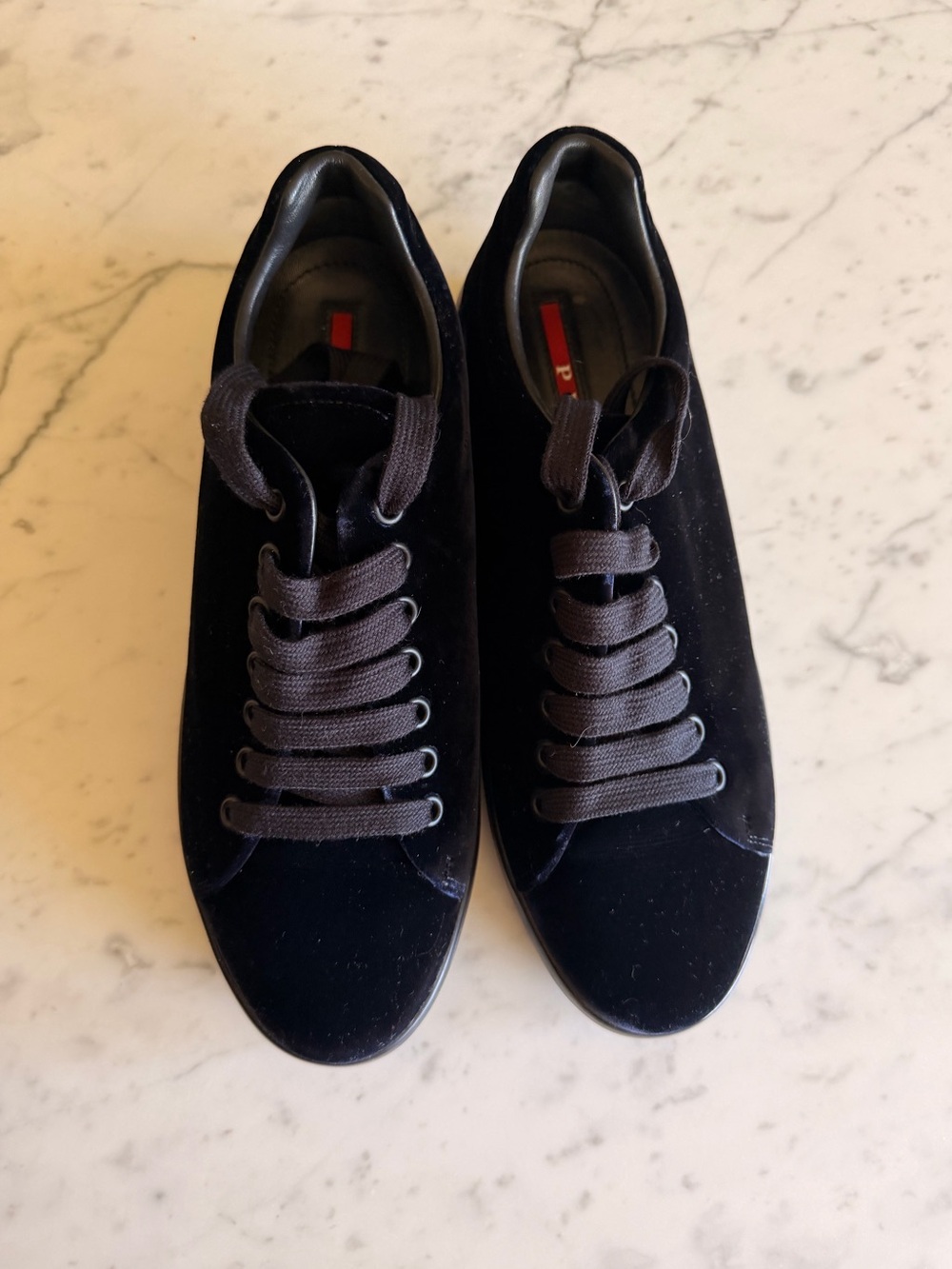 Prada Women’s Navy Blue Velvet Low-Top Sneakers
